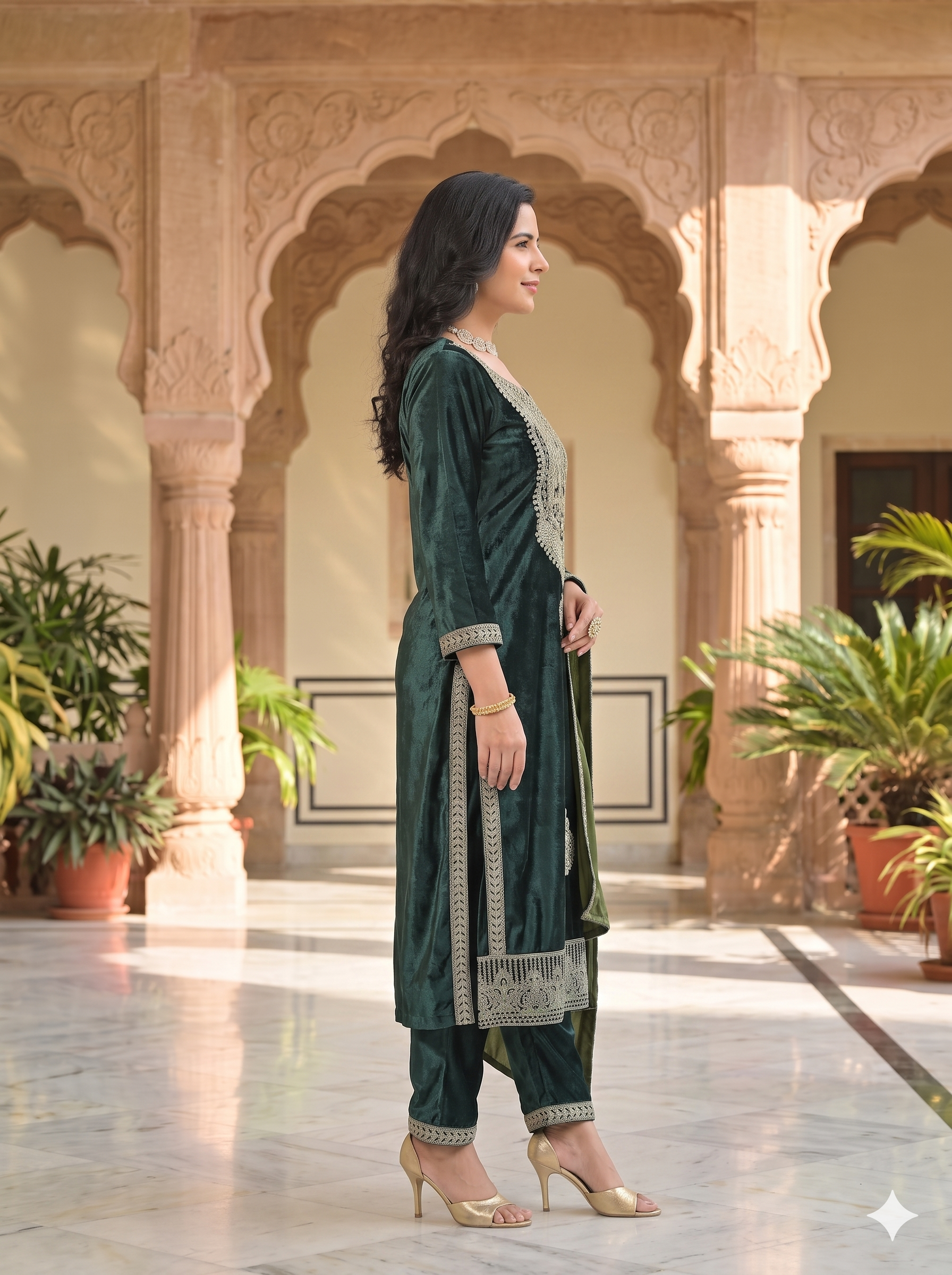Premium Emerald Green Velvet Embroidered 3PC Set _117
