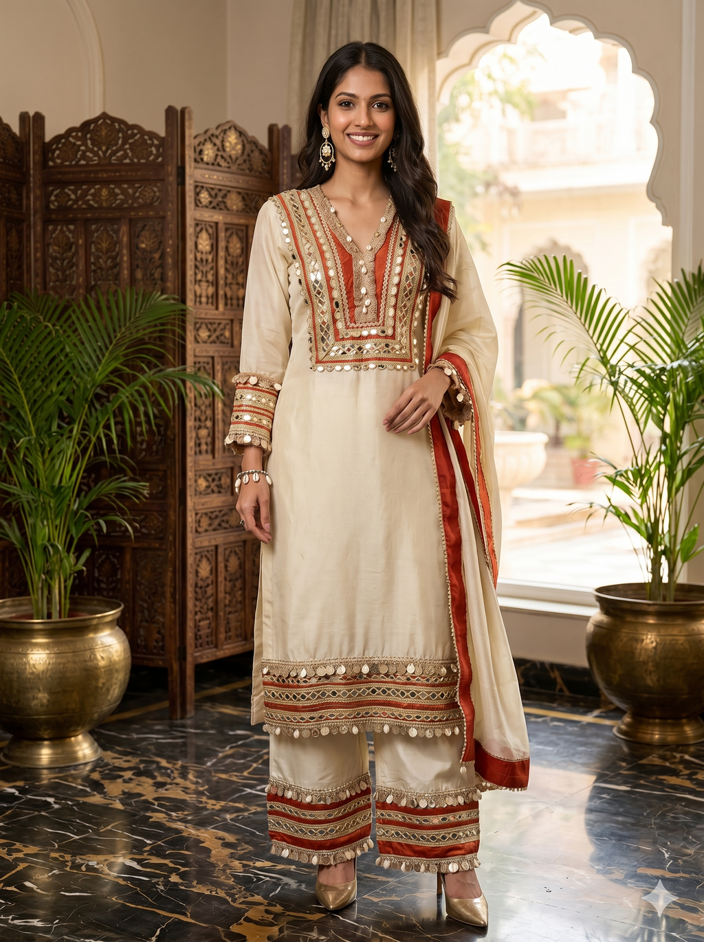 Stunning Rust Ivory Premium Pure Tissue Shell Boho Heavy Suit_108