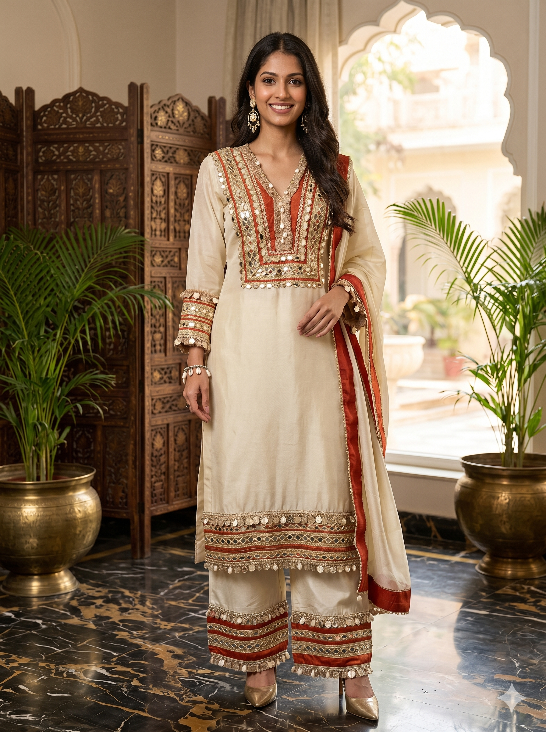 Stunning Rust Ivory Premium Pure Tissue Shell Boho Heavy Suit_108