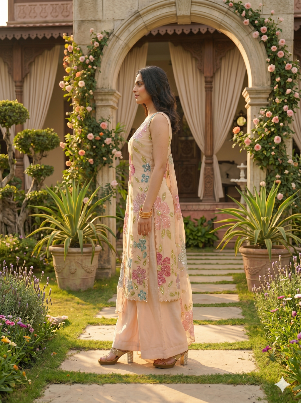 Organza Silk Cream Kurti Palazzo Set with Sequins Work _103