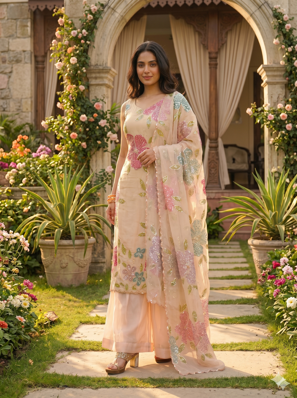 Organza Silk Cream Kurti Palazzo Set with Sequins Work _103