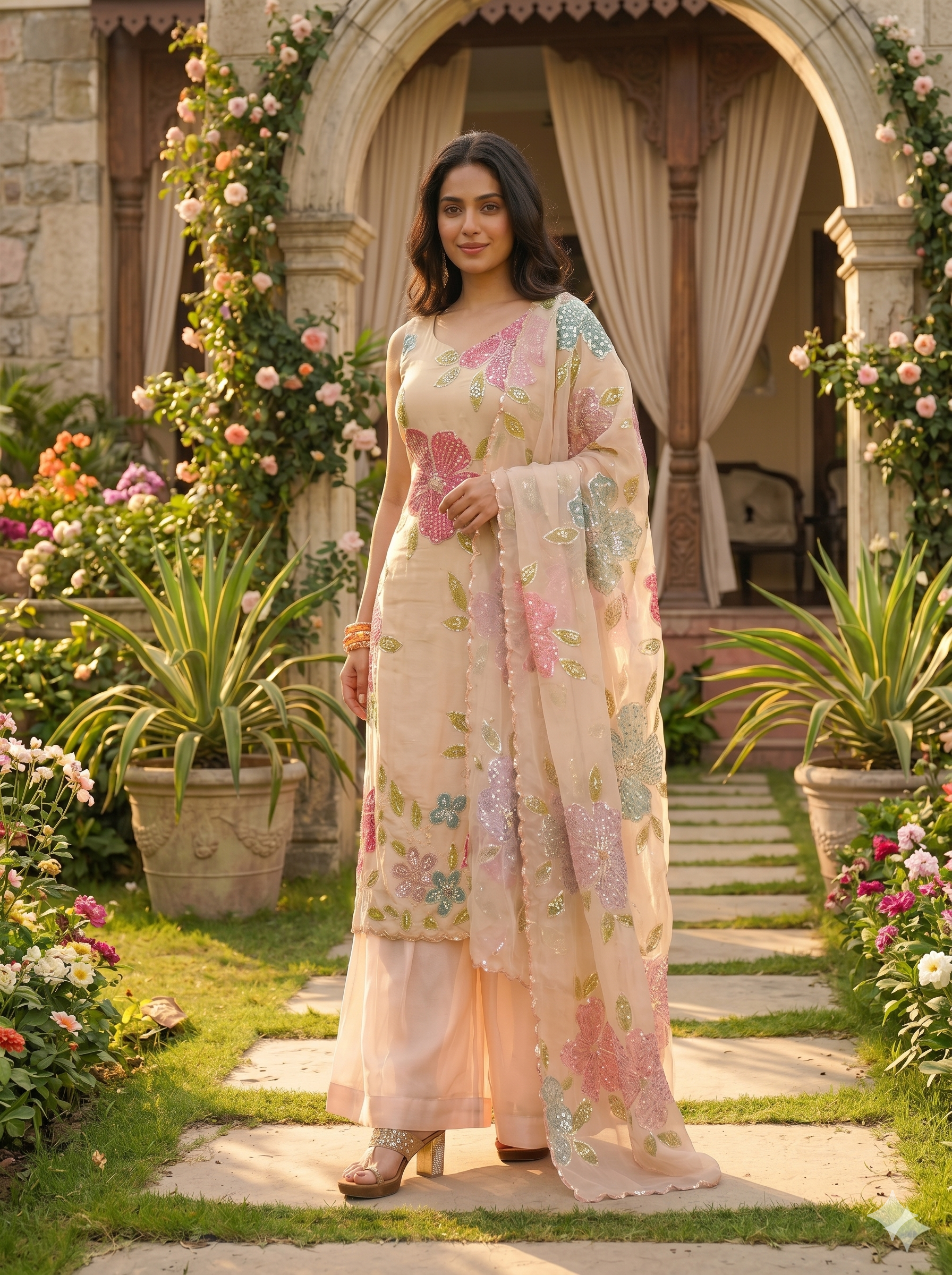 Organza Silk Cream Kurti Palazzo Set with Sequins Work _103