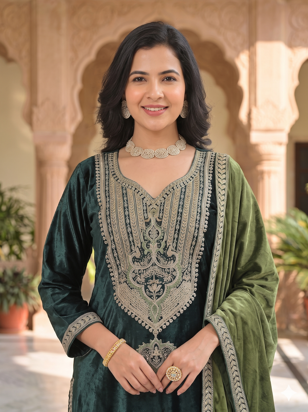 Premium Emerald Green Velvet Embroidered 3PC Set _117