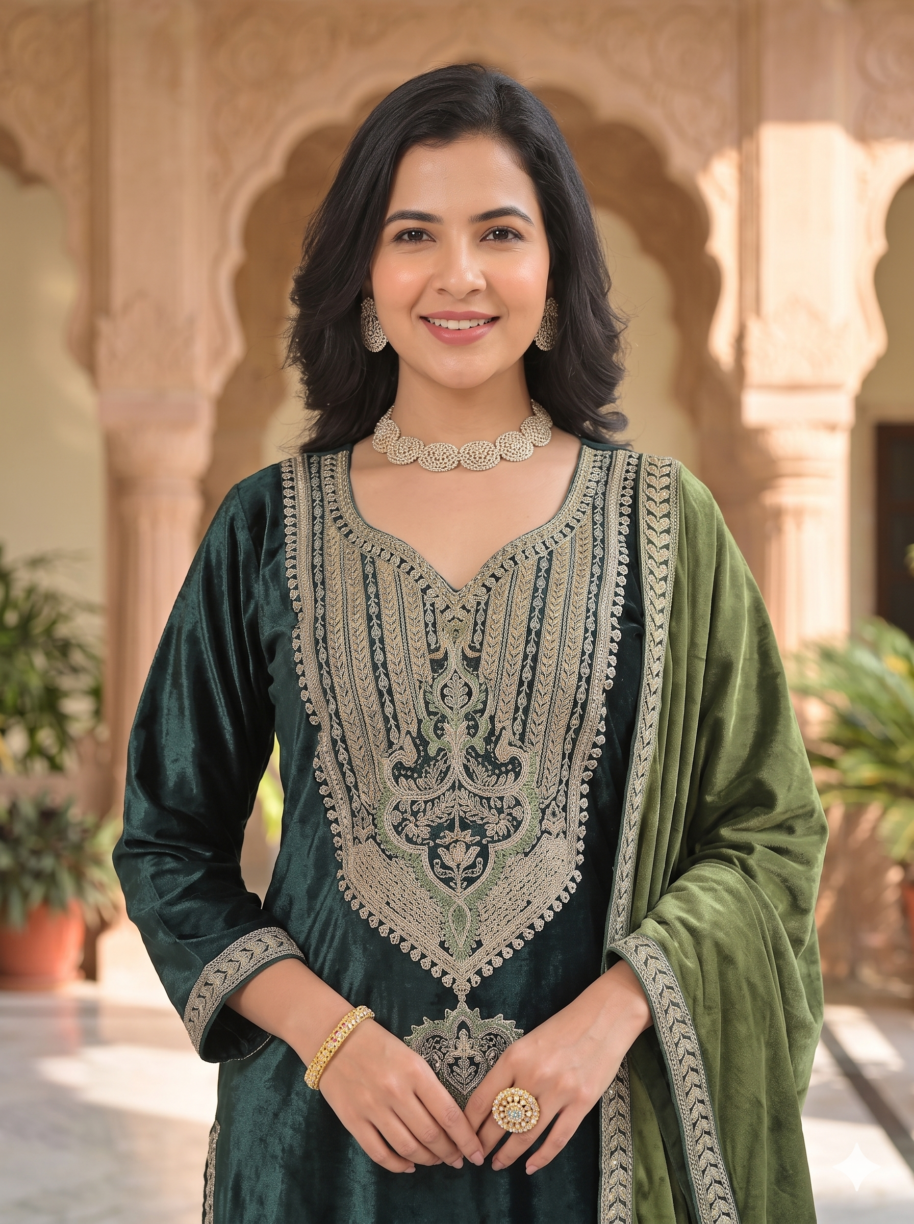 Premium Emerald Green Velvet Embroidered 3PC Set _117