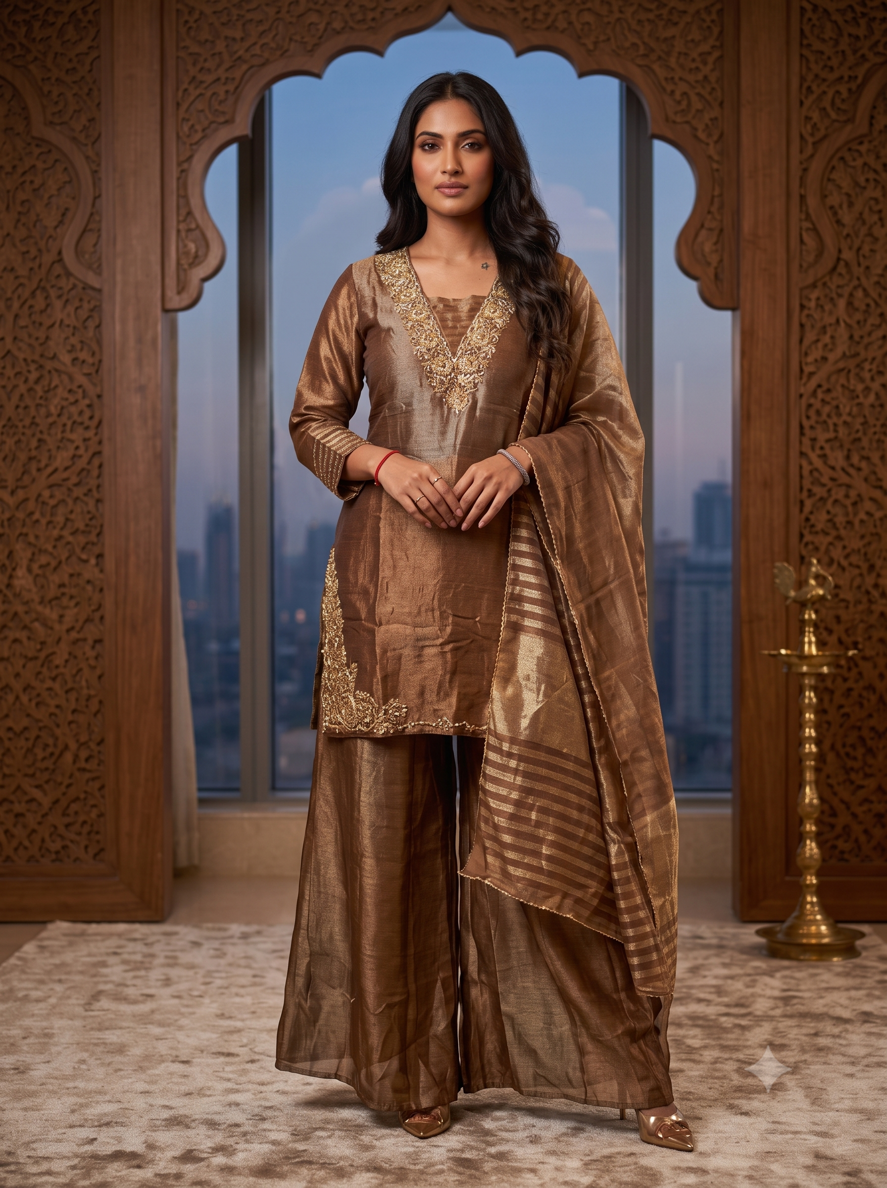 Regal Golden Pure Kanjivaram Embroidered Palazzo suit