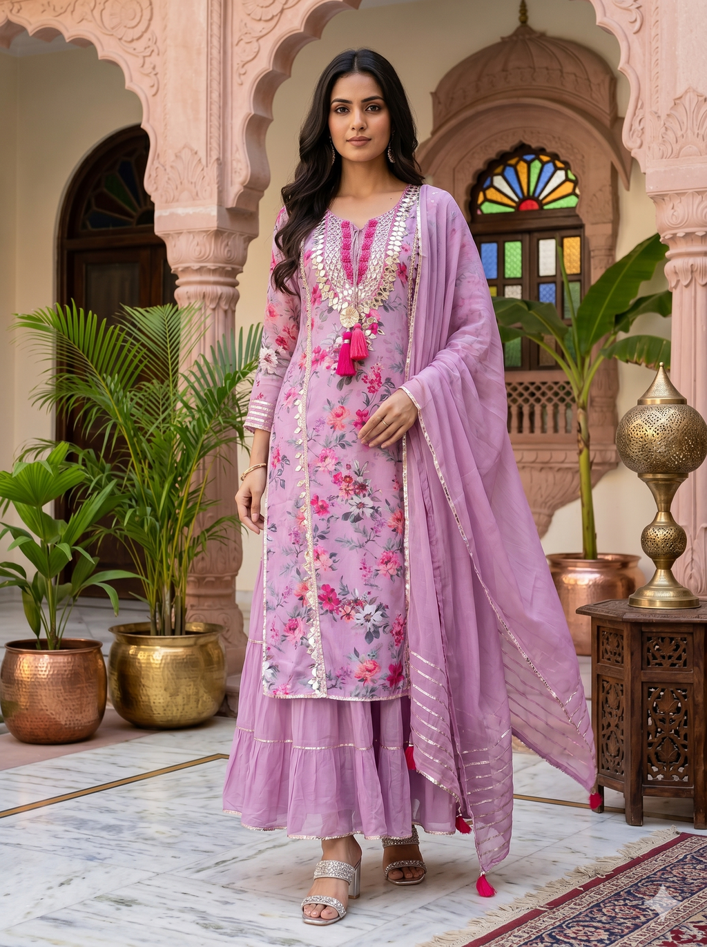 Pink Muslin Kurta with Flared Skirt & Gotta Detailing_114
