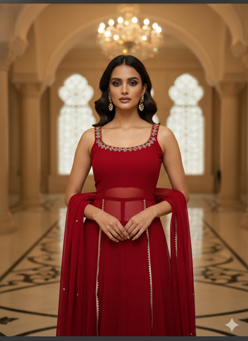 Red sleeveless Gown Dress_001