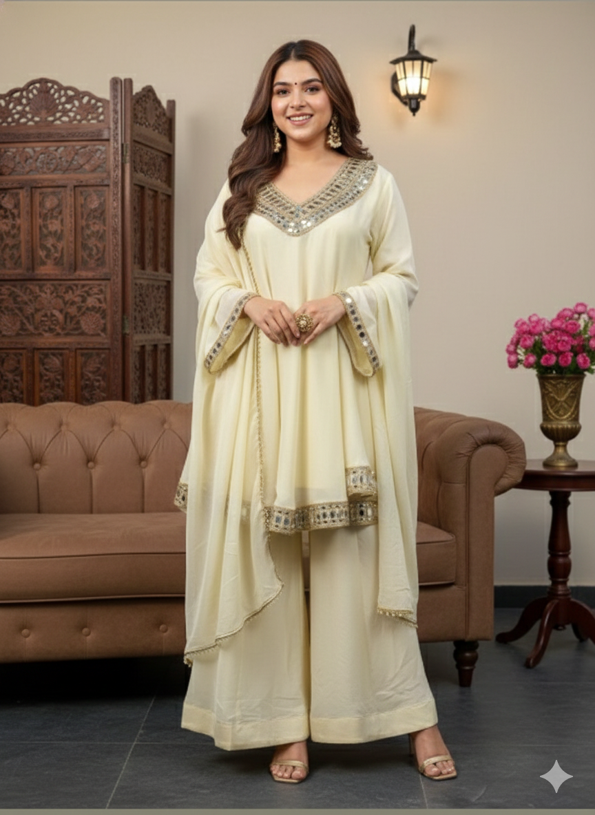 Ivory White Mirror Flare Palazzo set_028