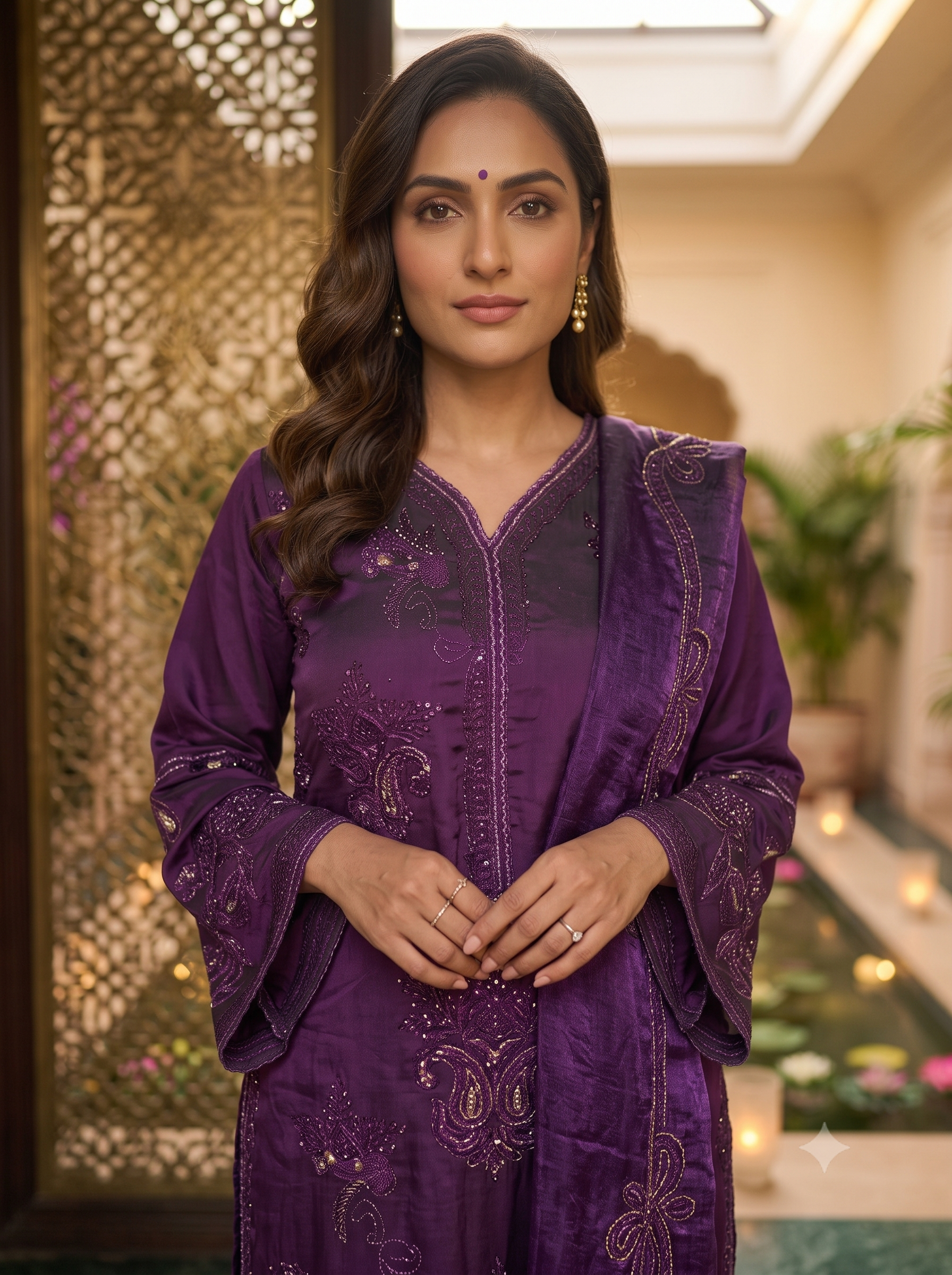 Pakistani Shisha Silk Embroidered 3PC Set_Royal Purple Majesty_125
