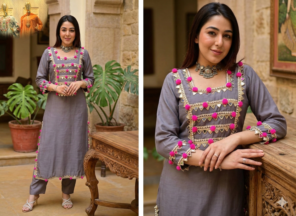 Grey POM POM Mulchanderi Suit Set with Zari Work_073