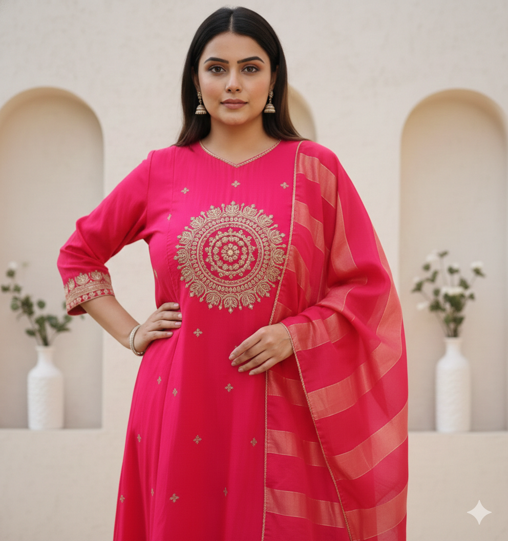 Pink and Golden Mul Chanderi 3PC Suit Set with Zari Coding Work_057