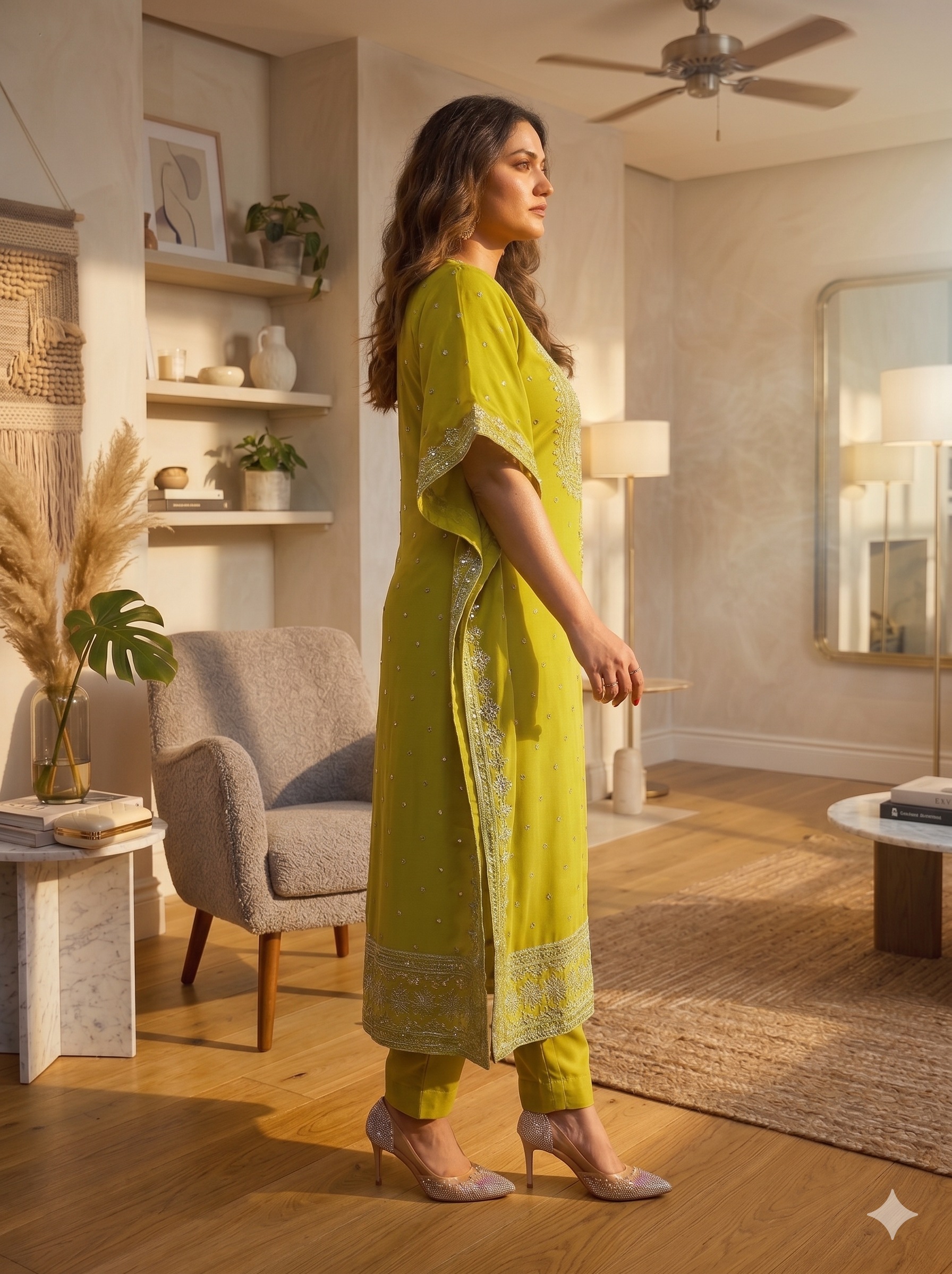 Green Georgette Kaftan Pant Set with Sequins and Zari Work_102