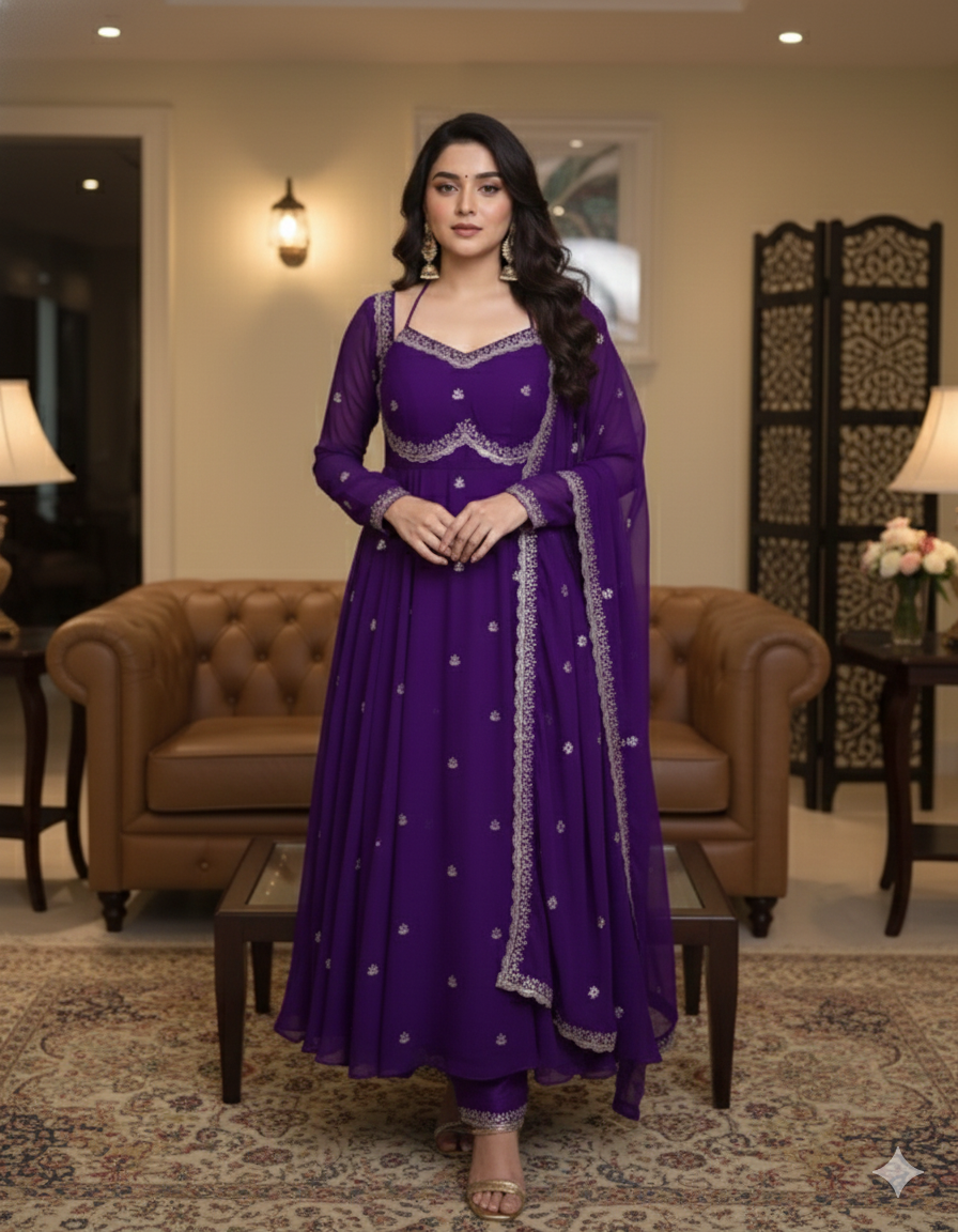 Purple Georgette Embroidery Anarkali Suit Set_031