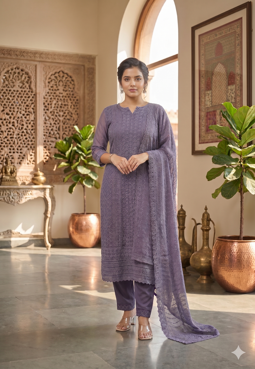 Plum Heavy Chikankari Embroidered Soft Georgette Suit Set_092