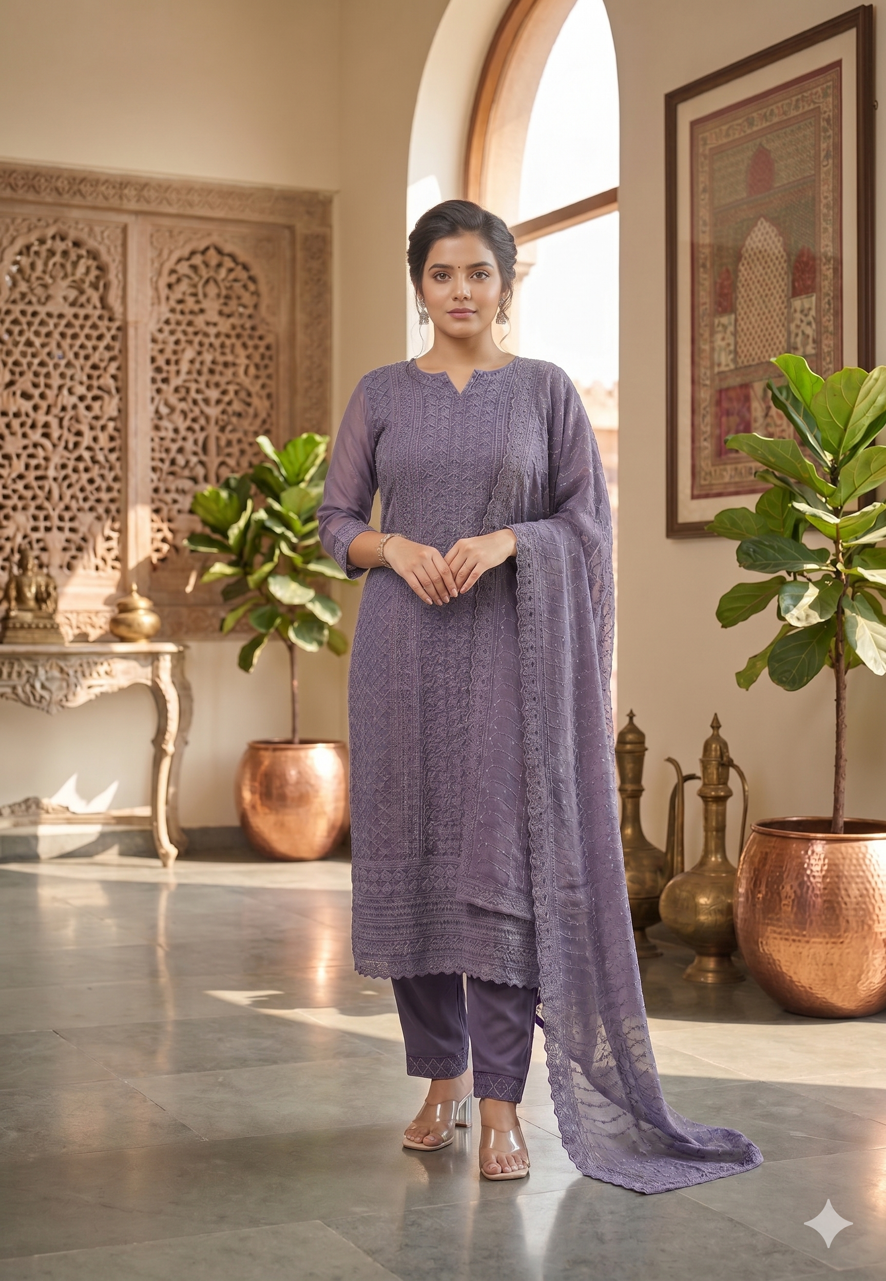 Plum Heavy Chikankari Embroidered Soft Georgette Suit Set_092