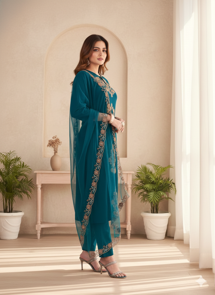 Teal Floral Embroidered Thread Work Straight Kurta With Trousers & Dupatta_051
