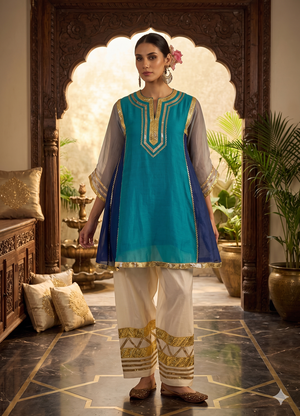 Blue Chanderi Co Ord Kurti Set with Gopatti Lace Work_099