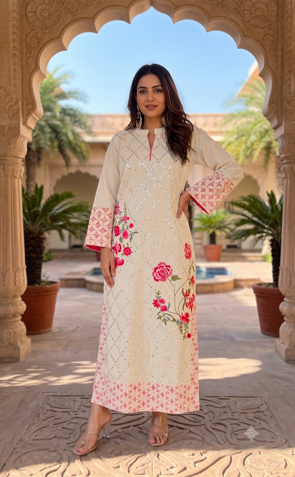 Ethereal Bloom Off‑White & Pink Rose Kaftan Dress_141