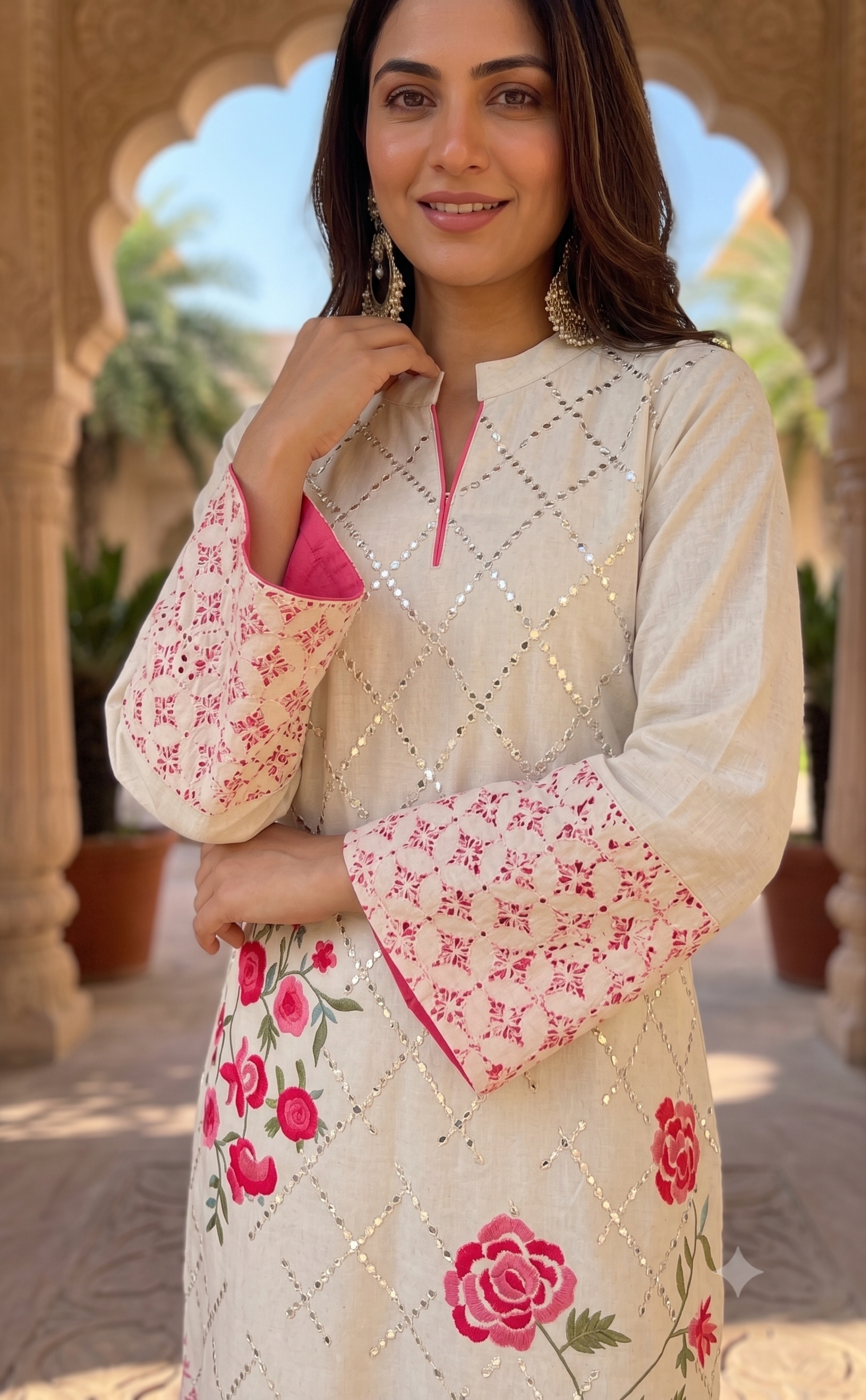 Ethereal Bloom Off‑White & Pink Rose Kaftan Dress_141
