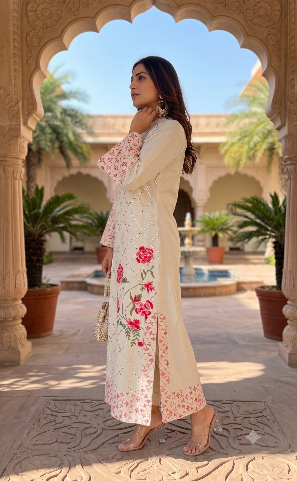Ethereal Bloom Off‑White & Pink Rose Kaftan Dress_141