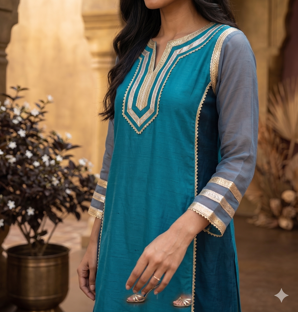 Blue Chanderi Co Ord Kurti Set with Gopatti Lace Work_099