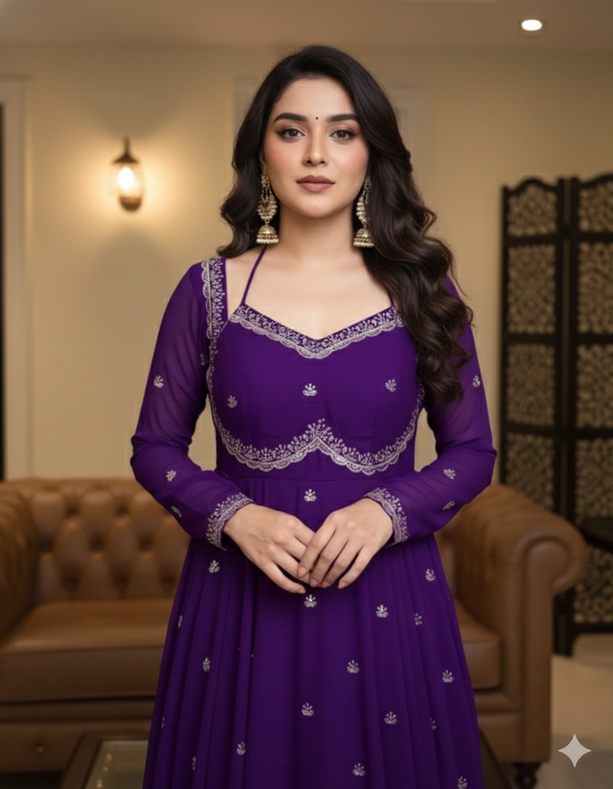 Purple Georgette Embroidery Anarkali Suit Set_031