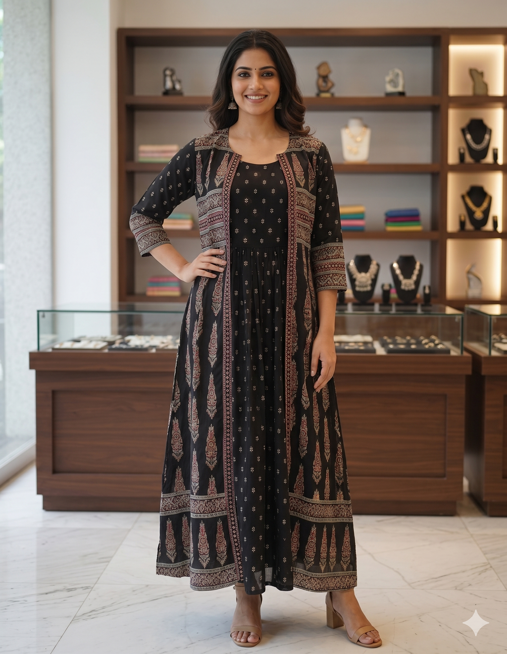 Black Premium Smocking Dress with Shrug_095