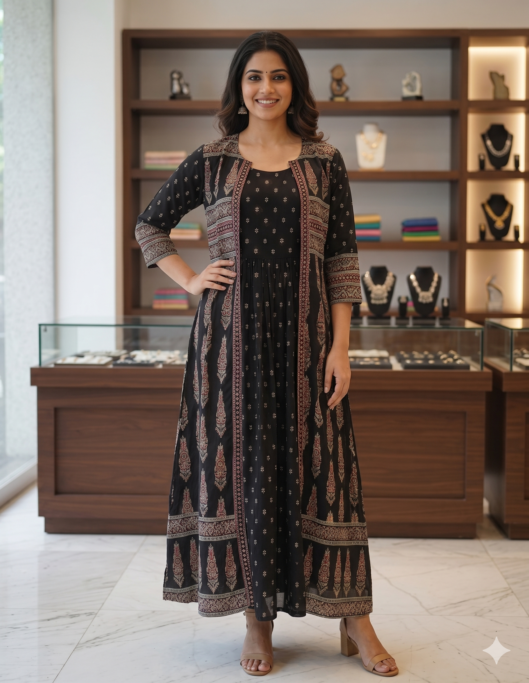 Black Premium Smocking Dress with Shrug_095