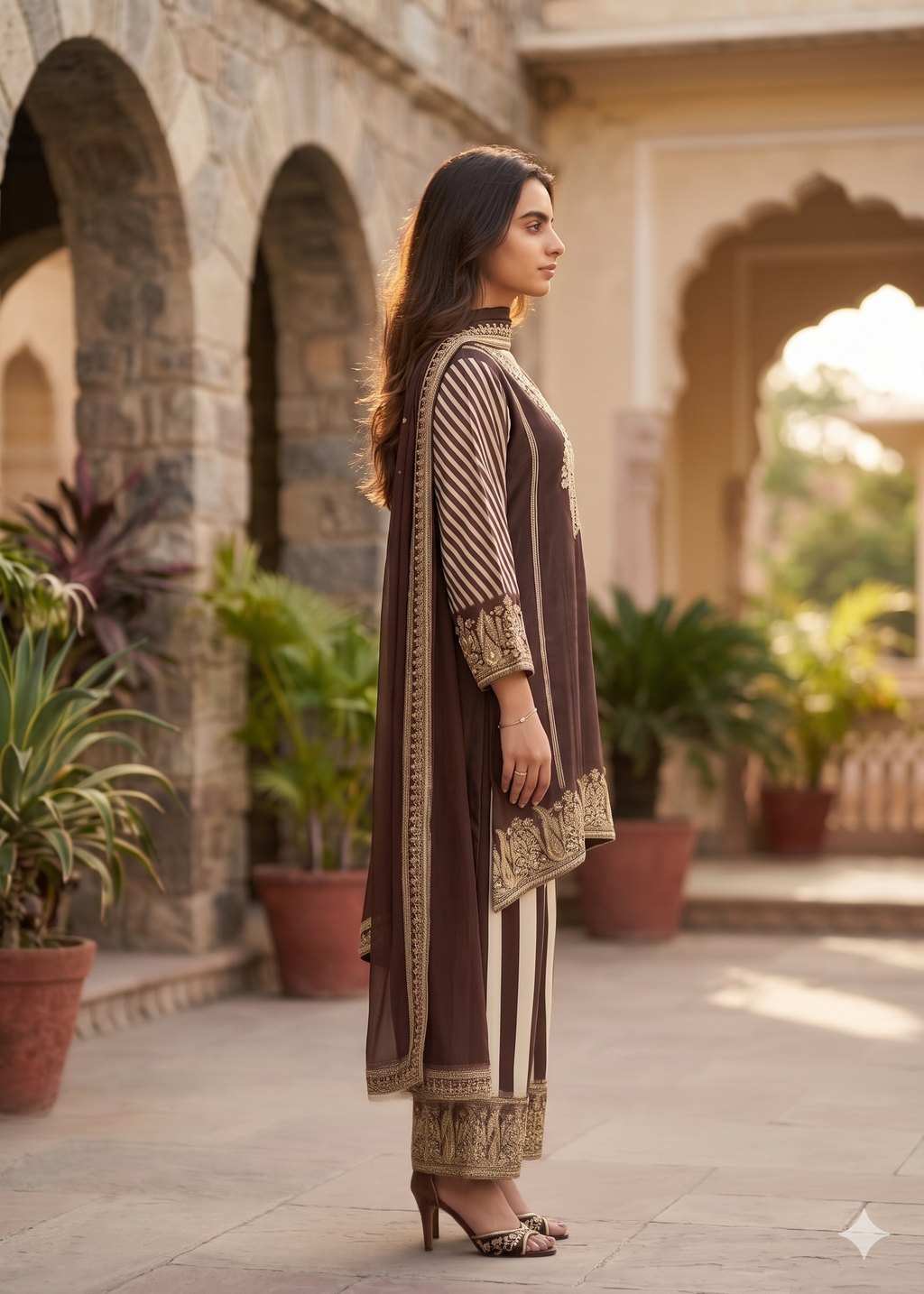 Viral Mocha colour crepe stripe pant suit_098