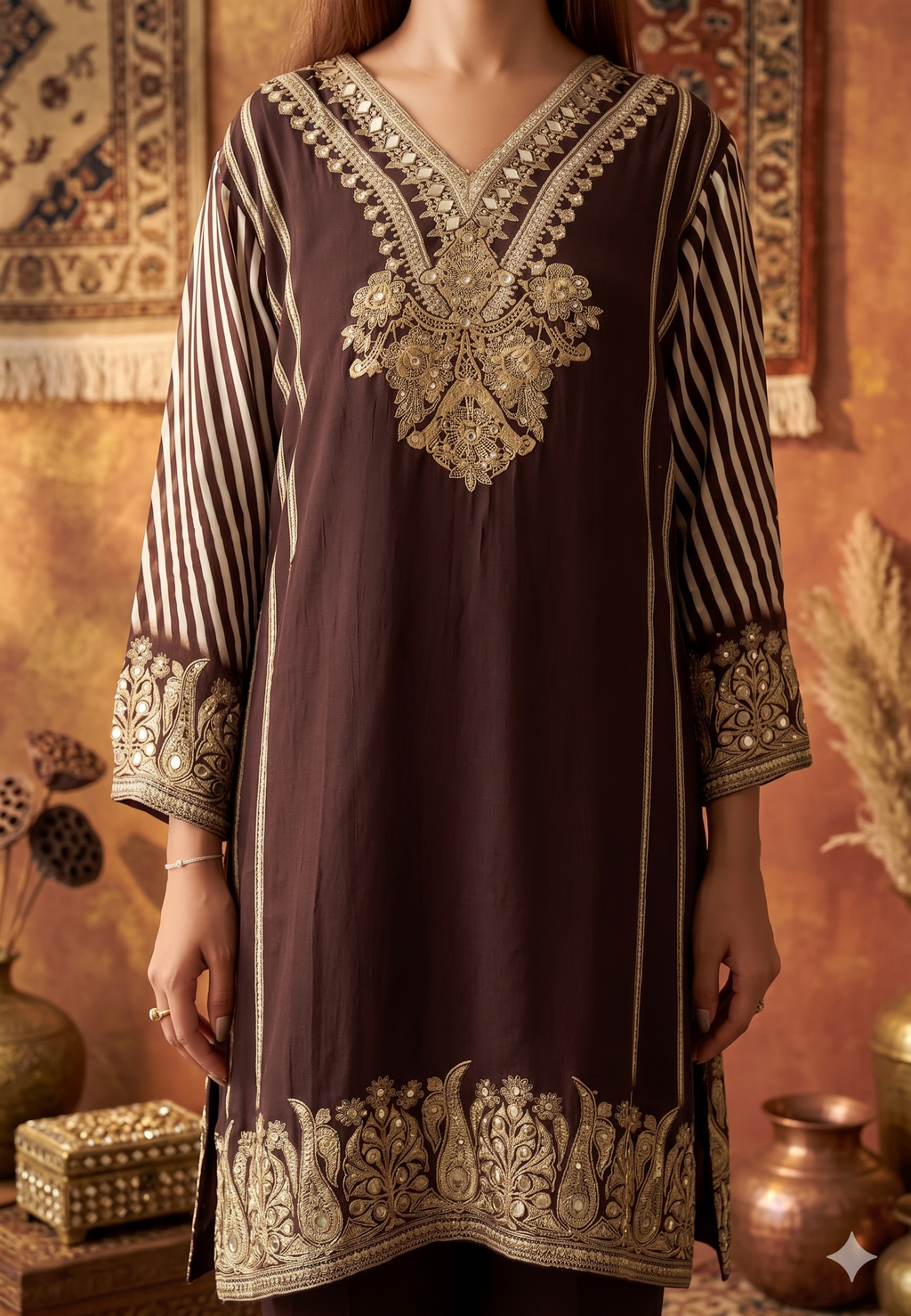Viral Mocha colour crepe stripe pant suit_098