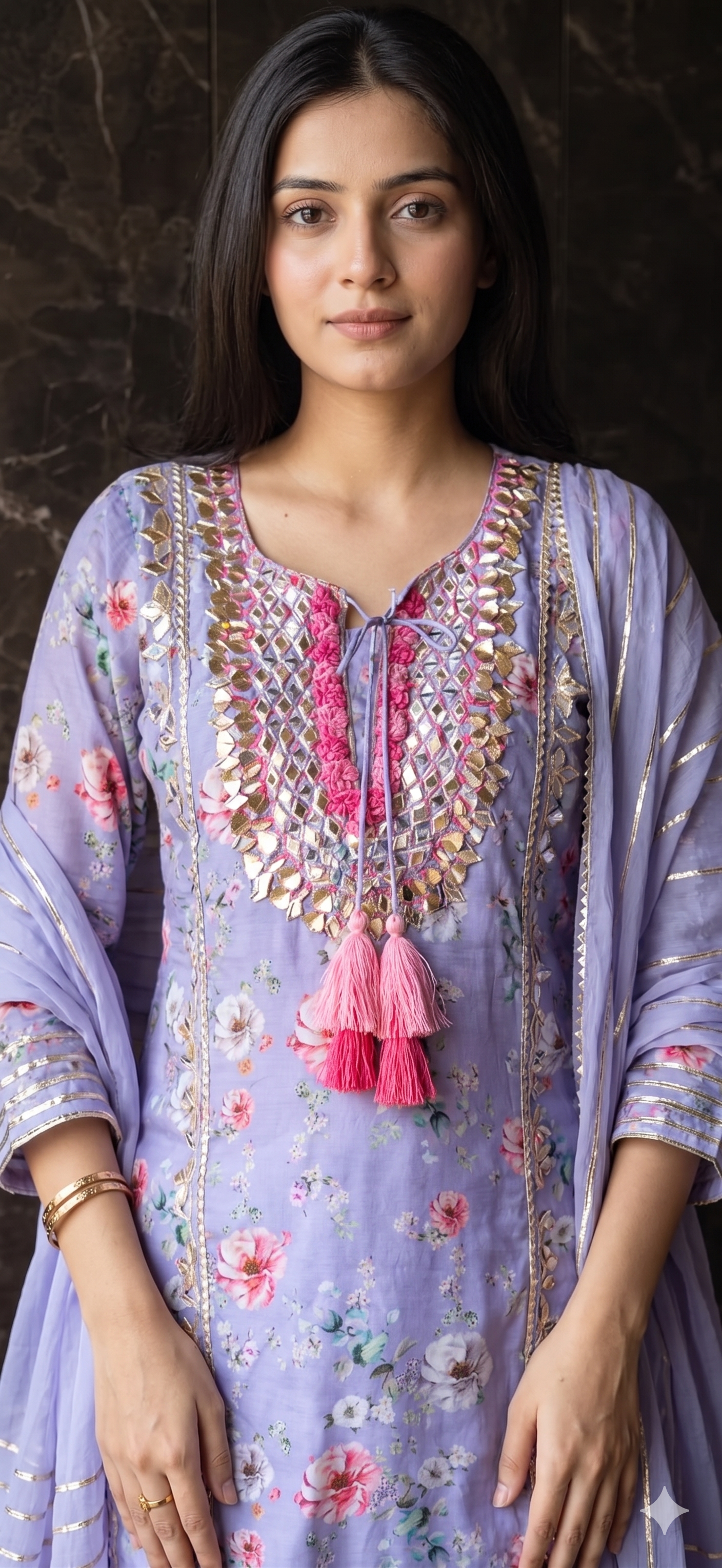 Lavender Muslin Kurta with Flared Skirt & Gotta Detailing_116