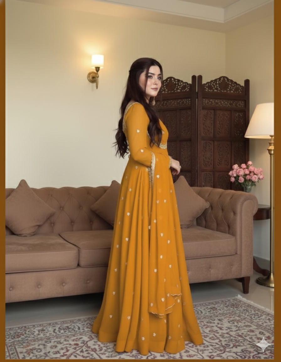 Yellow Georgette Embroidery Anarkali Suit Set_032