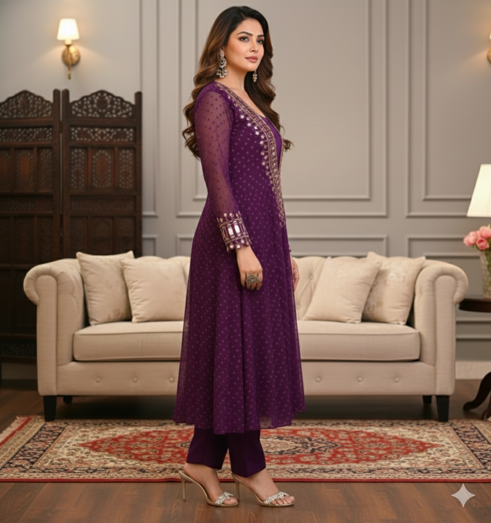 Violet 3-piece Chinon Kurti Set with Real Mirror_035