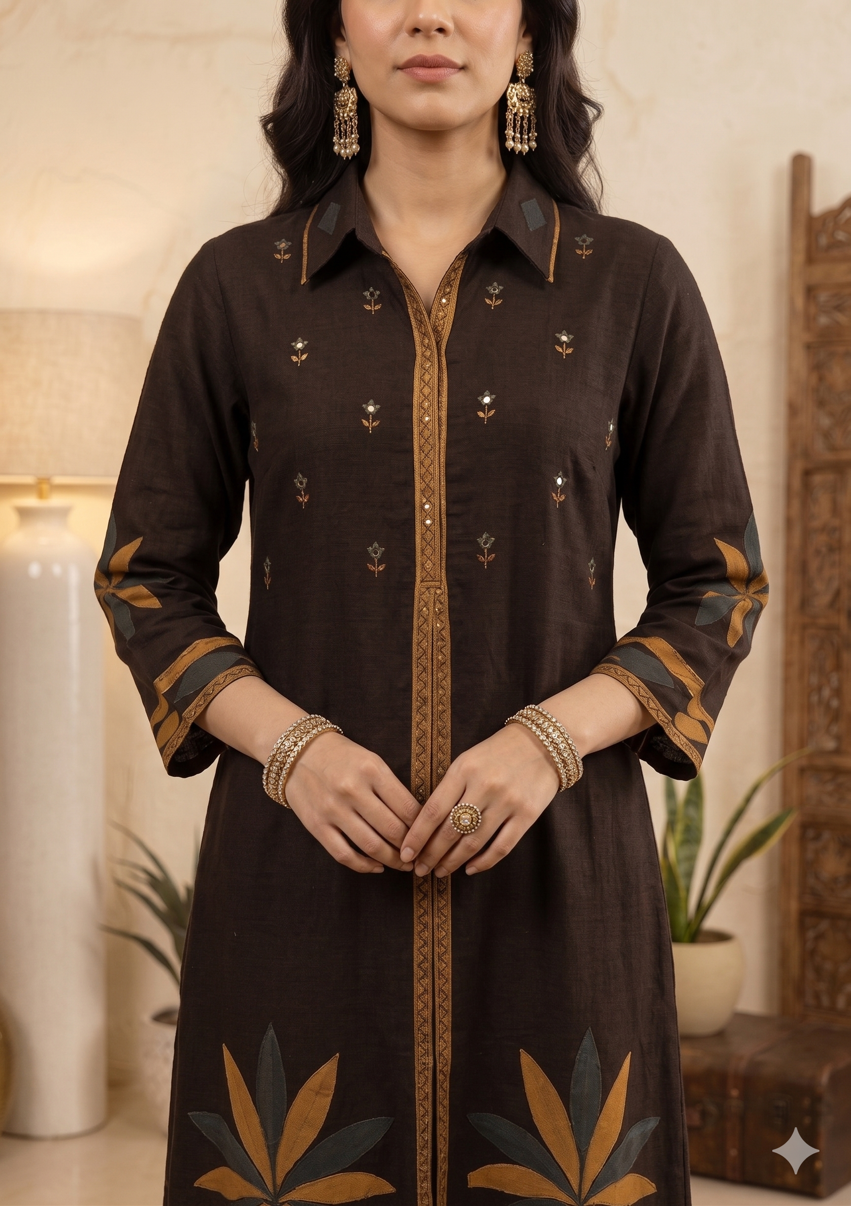 Black Placement Print 2PC Set with Original Mirror Work_091