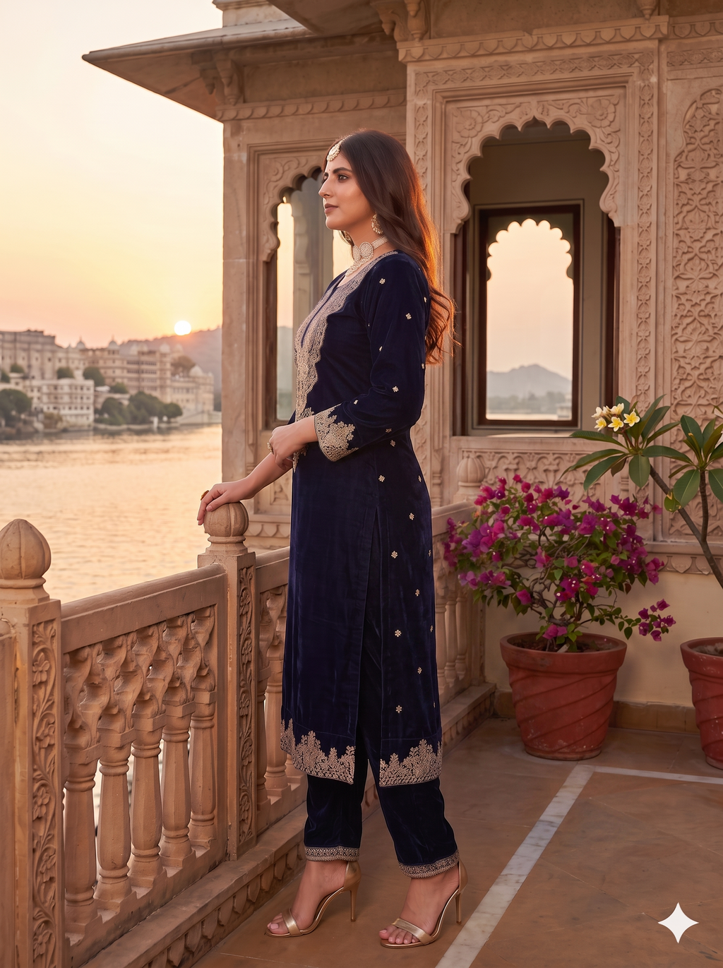 Midnight Blue & Gold Royale Velvet Embroidered 3PC Set _121