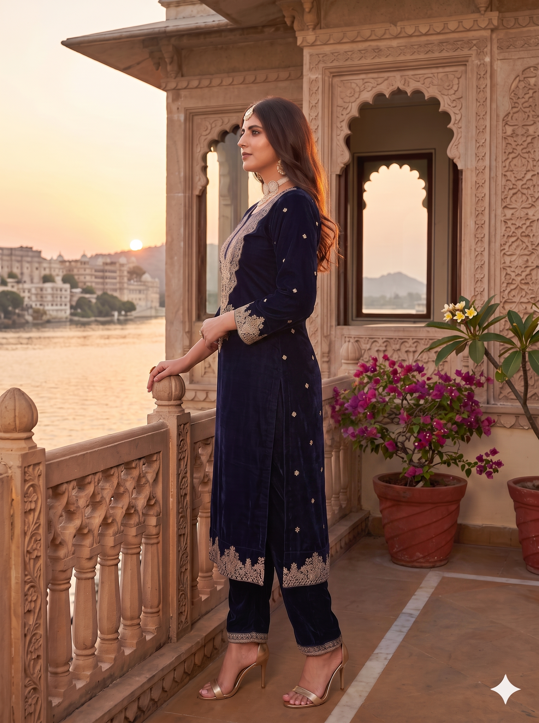 Midnight Blue & Gold Royale Velvet Embroidered 3PC Set _121