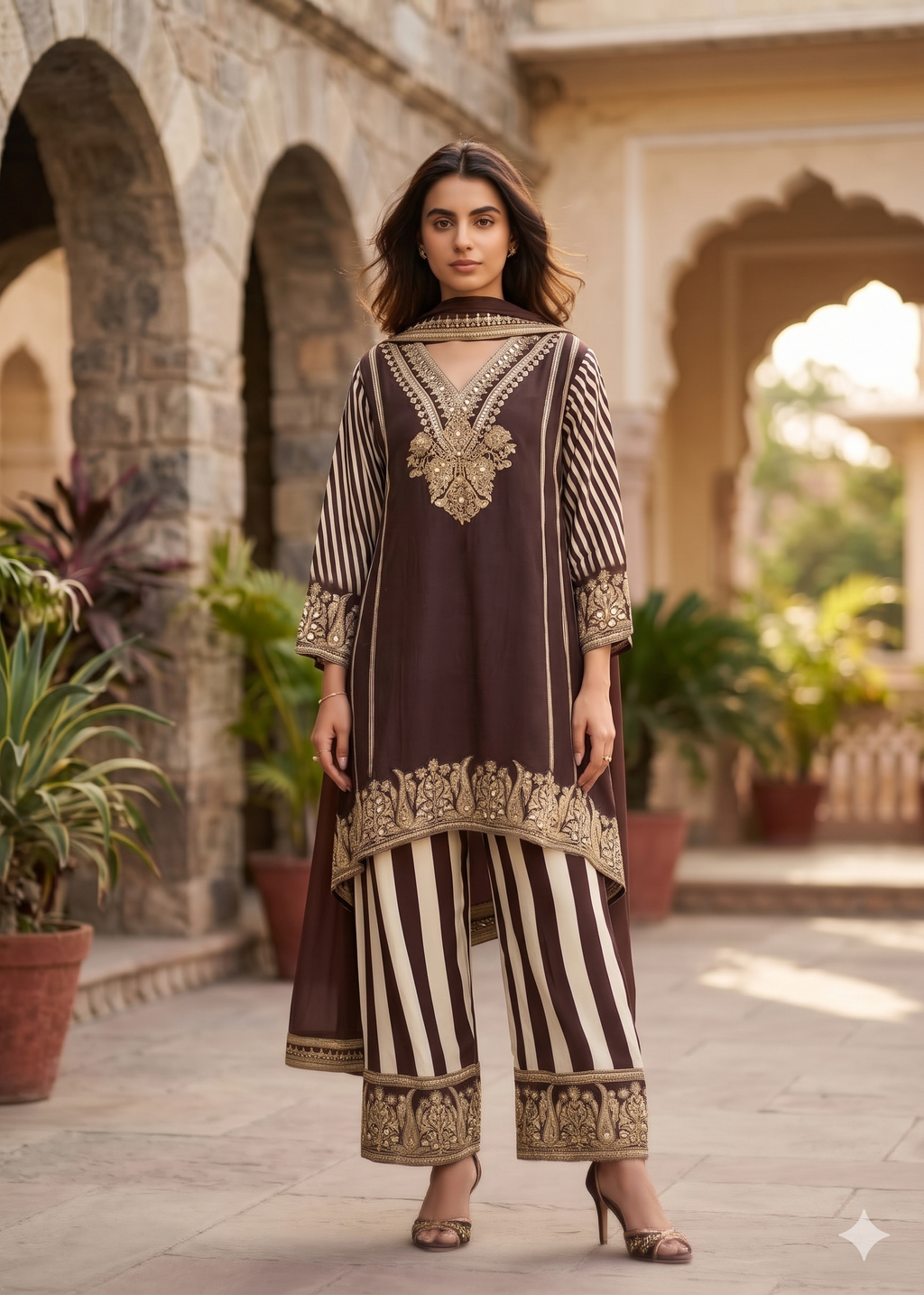 Viral Mocha colour crepe stripe pant suit_098