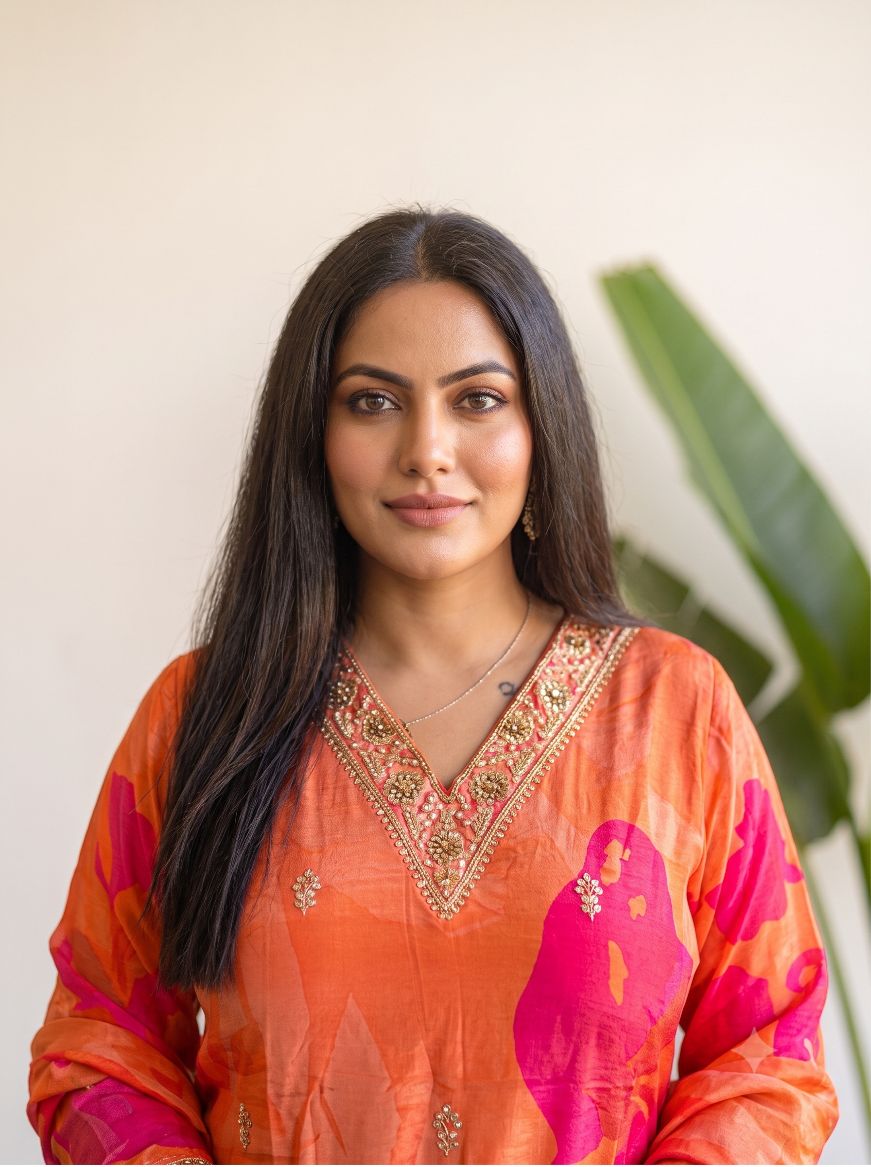 Sunset Orange Pure Crepe Embroidered Suit Set_145