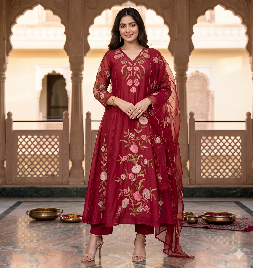 Burgundy Color Muslin Embroidered Kurta Set with Dupatta_101
