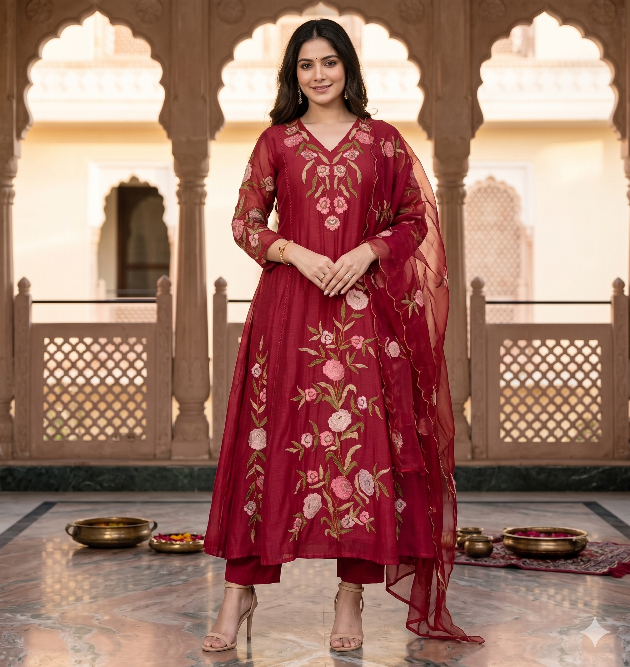 Burgundy Color Muslin Embroidered Kurta Set with Dupatta_101