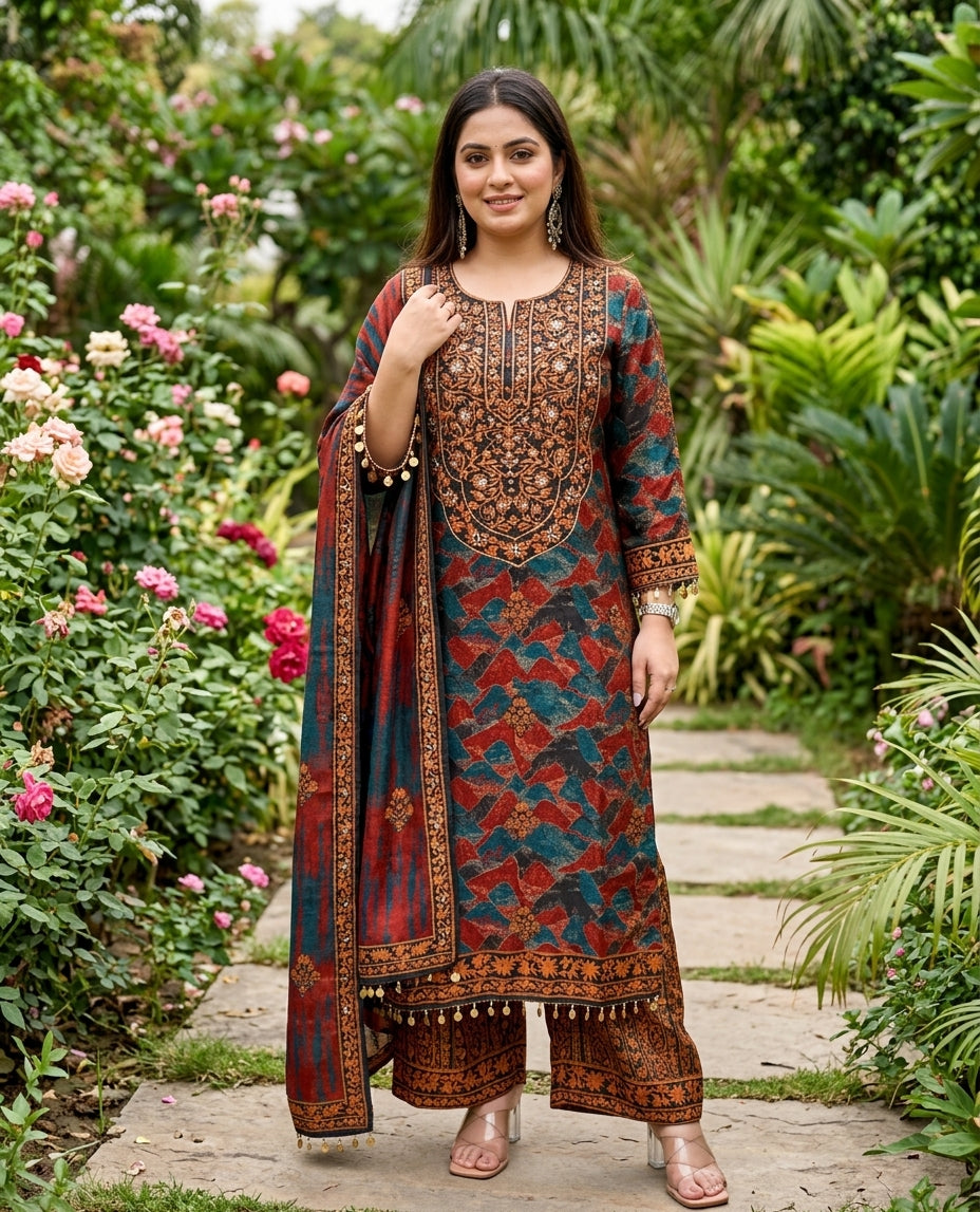 Royal Heritage Floral Printed Long Suit Set_157