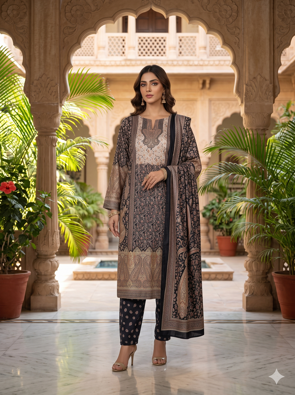 Luxe Beige & Black Velvet Embroidered 3PC Set _119