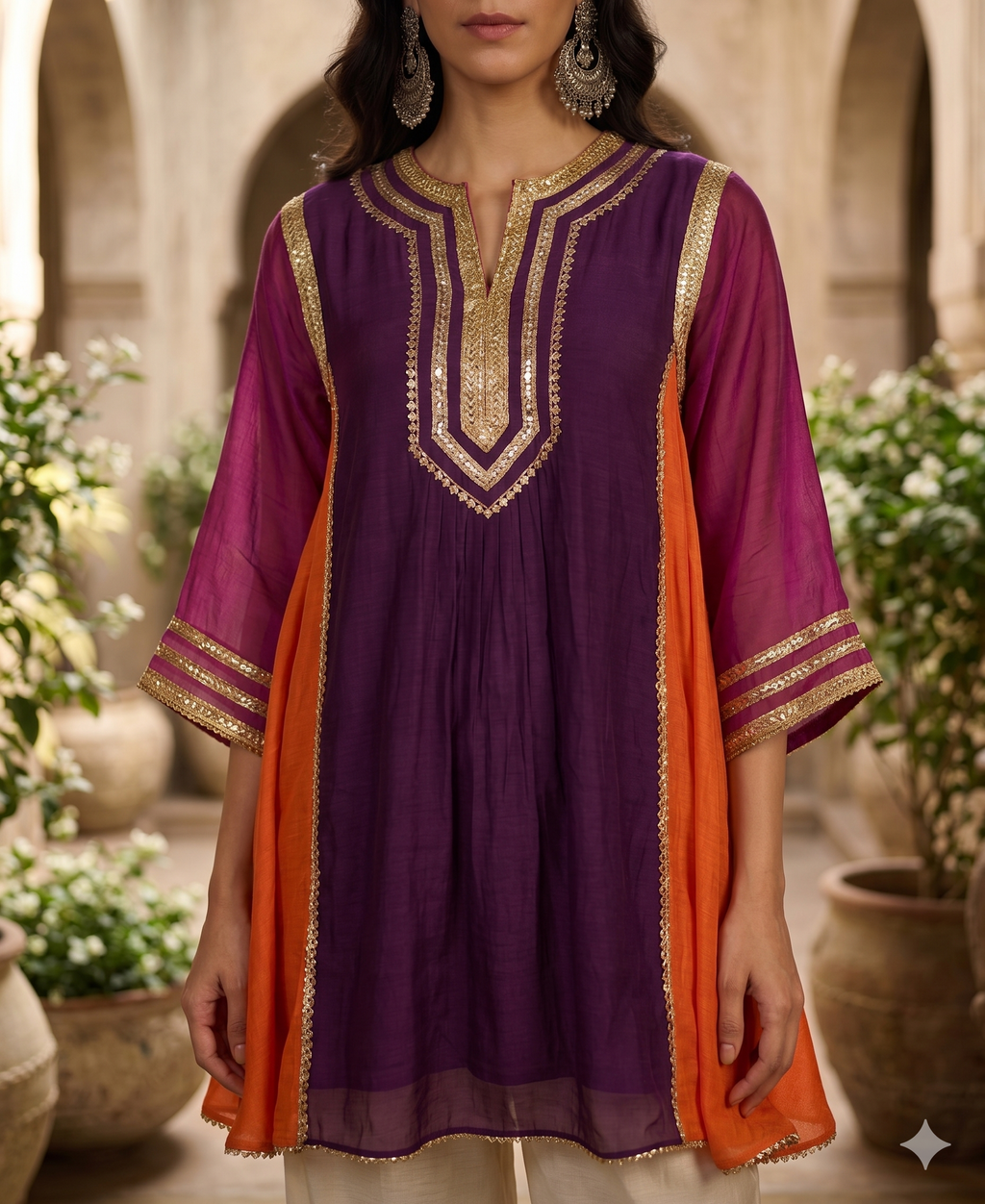 Wine Chanderi Co Ord Kurti Set with Gopatti Lace Work_100