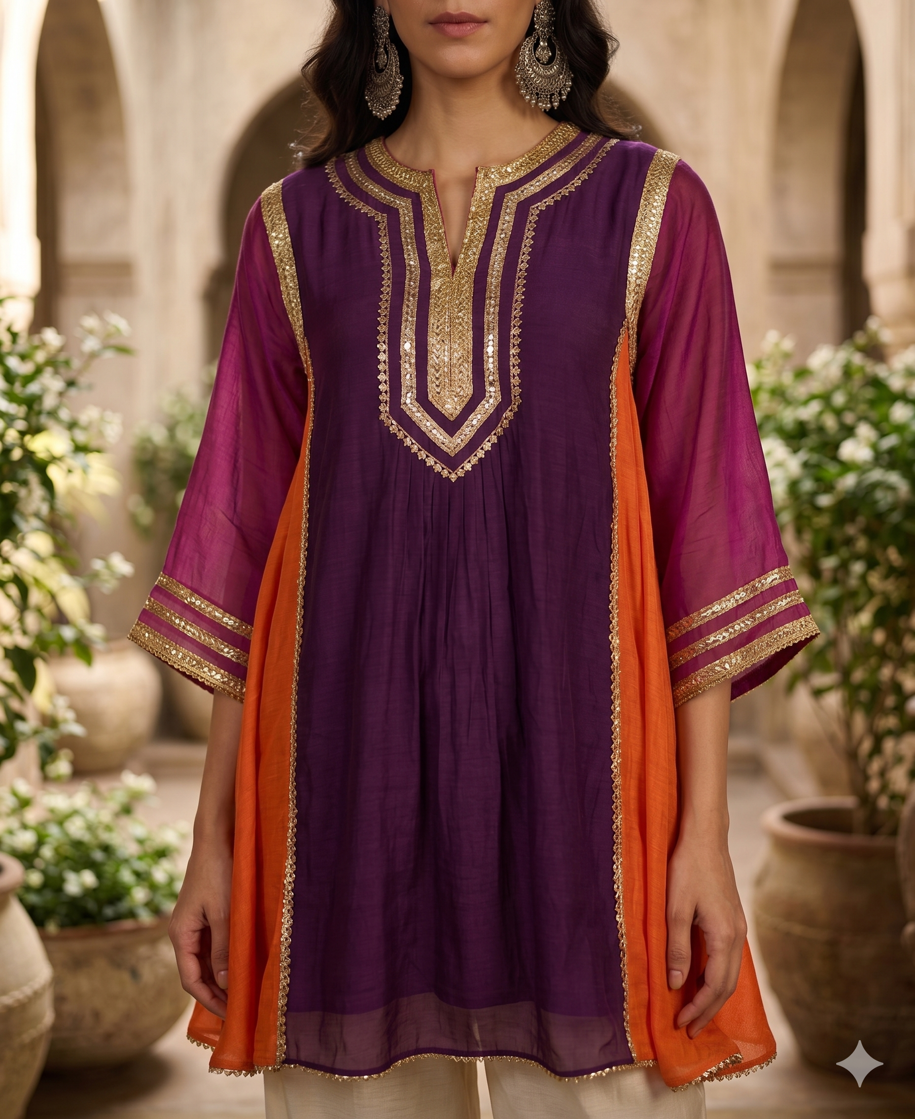 Wine Chanderi Co Ord Kurti Set with Gopatti Lace Work_100