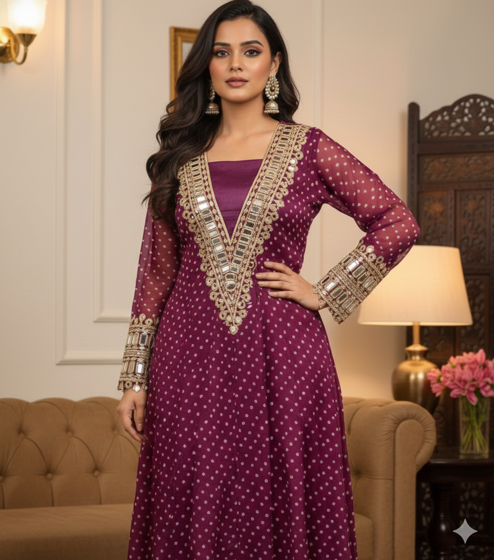 Purple 3-piece Chinon Kurti Set with Real Mirror_033