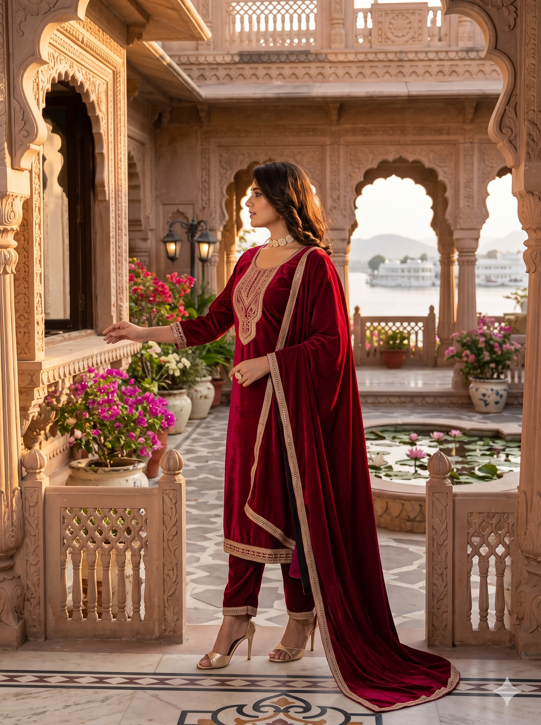 Majestic Deep Red & Gold Velvet Embroidered 3PC Set_118