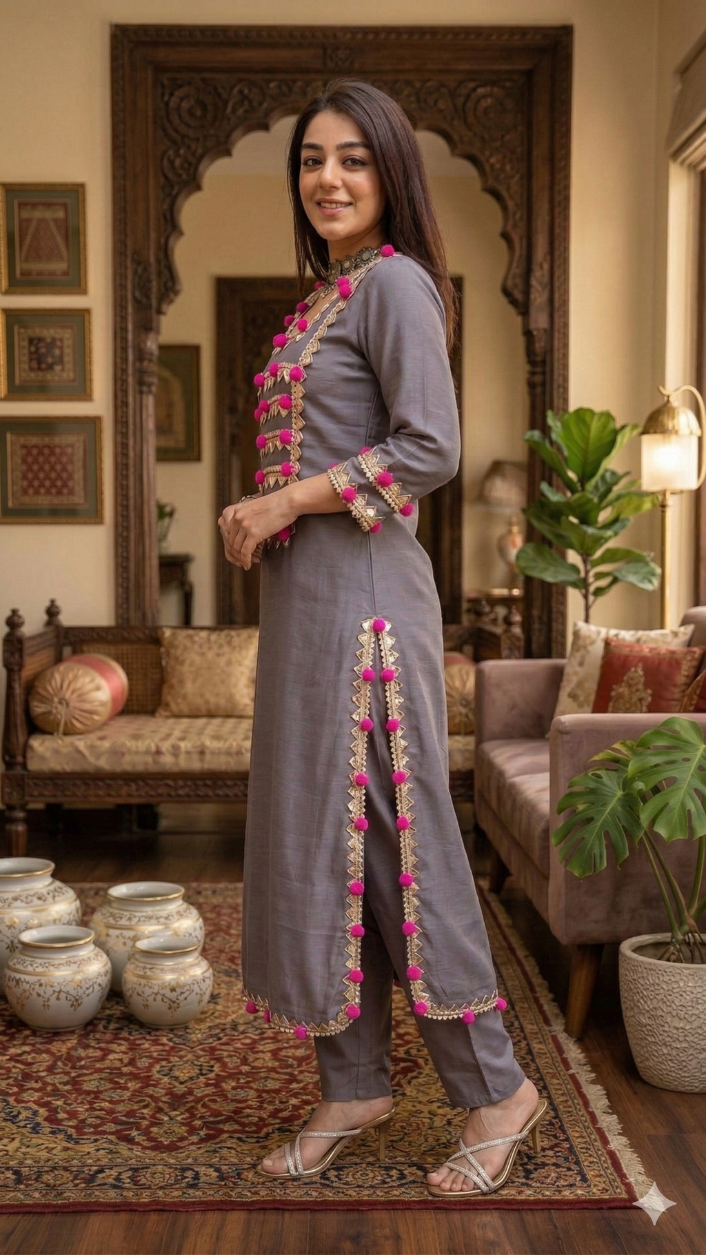 Grey POM POM Mulchanderi Suit Set with Zari Work_073