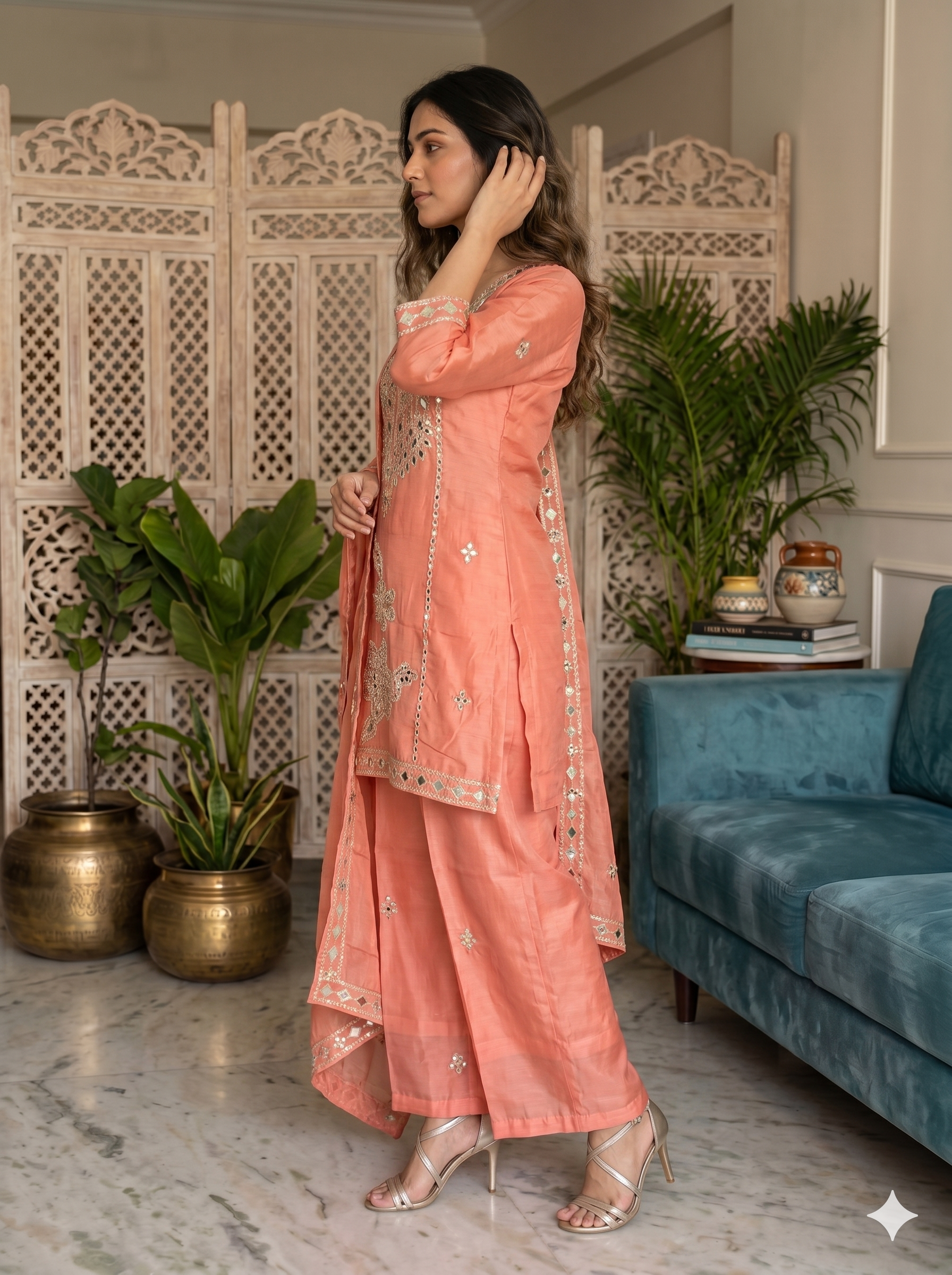 Rust Peach Shimmer Tissue Embroidered Suit _113