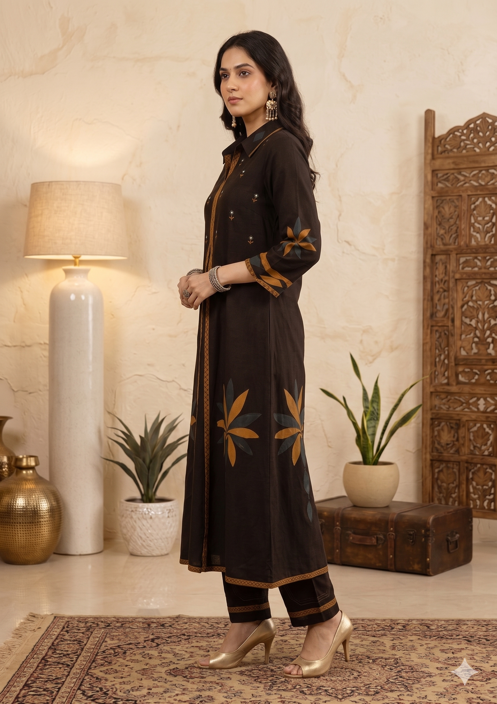 Black Placement Print 2PC Set with Original Mirror Work_091