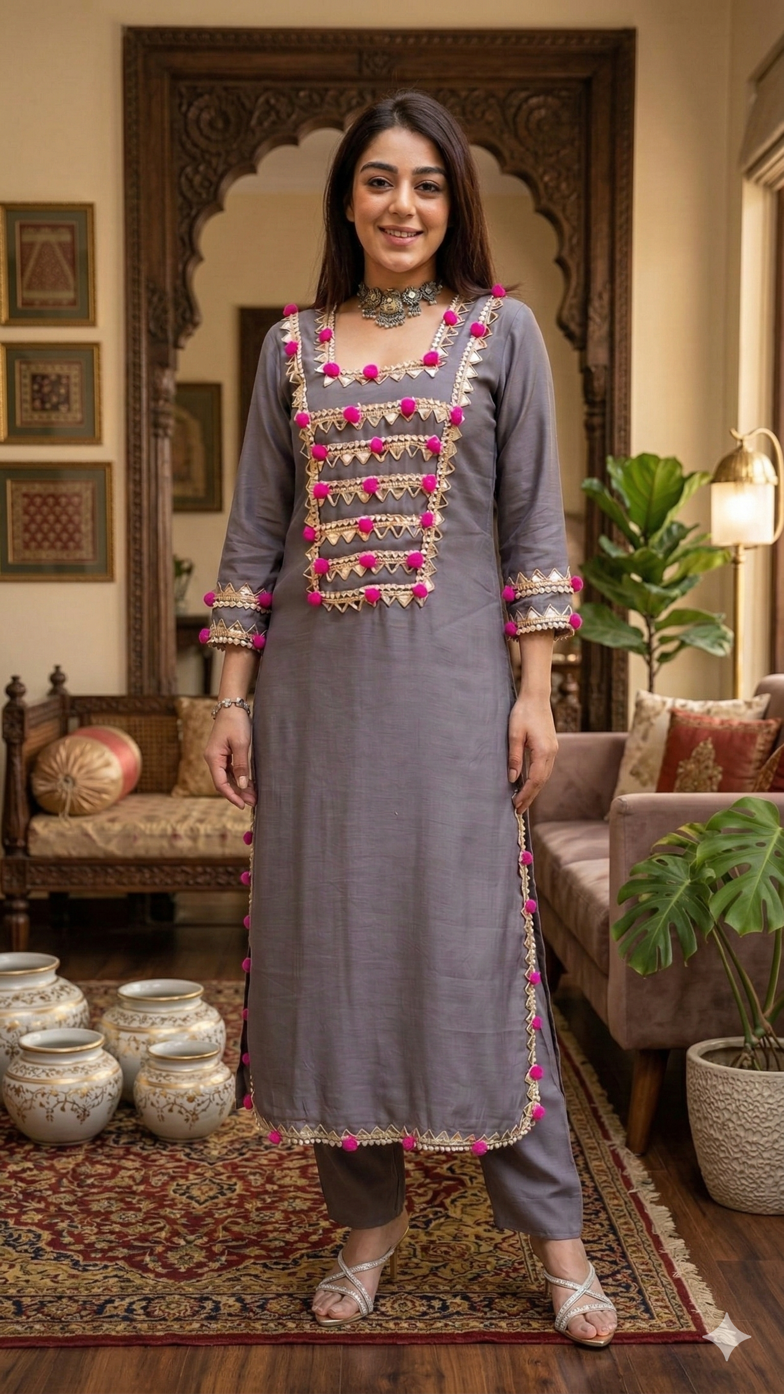 Grey POM POM Mulchanderi Suit Set with Zari Work_073
